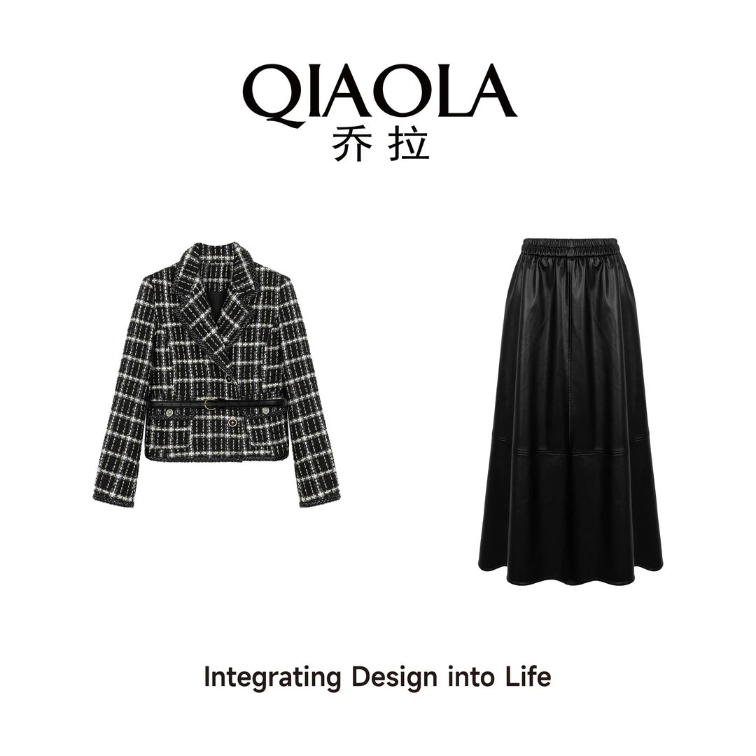 QIAOLA/乔拉【星空礼盒】秋冬季小香风格纹平驳领PU皮时尚套装预售