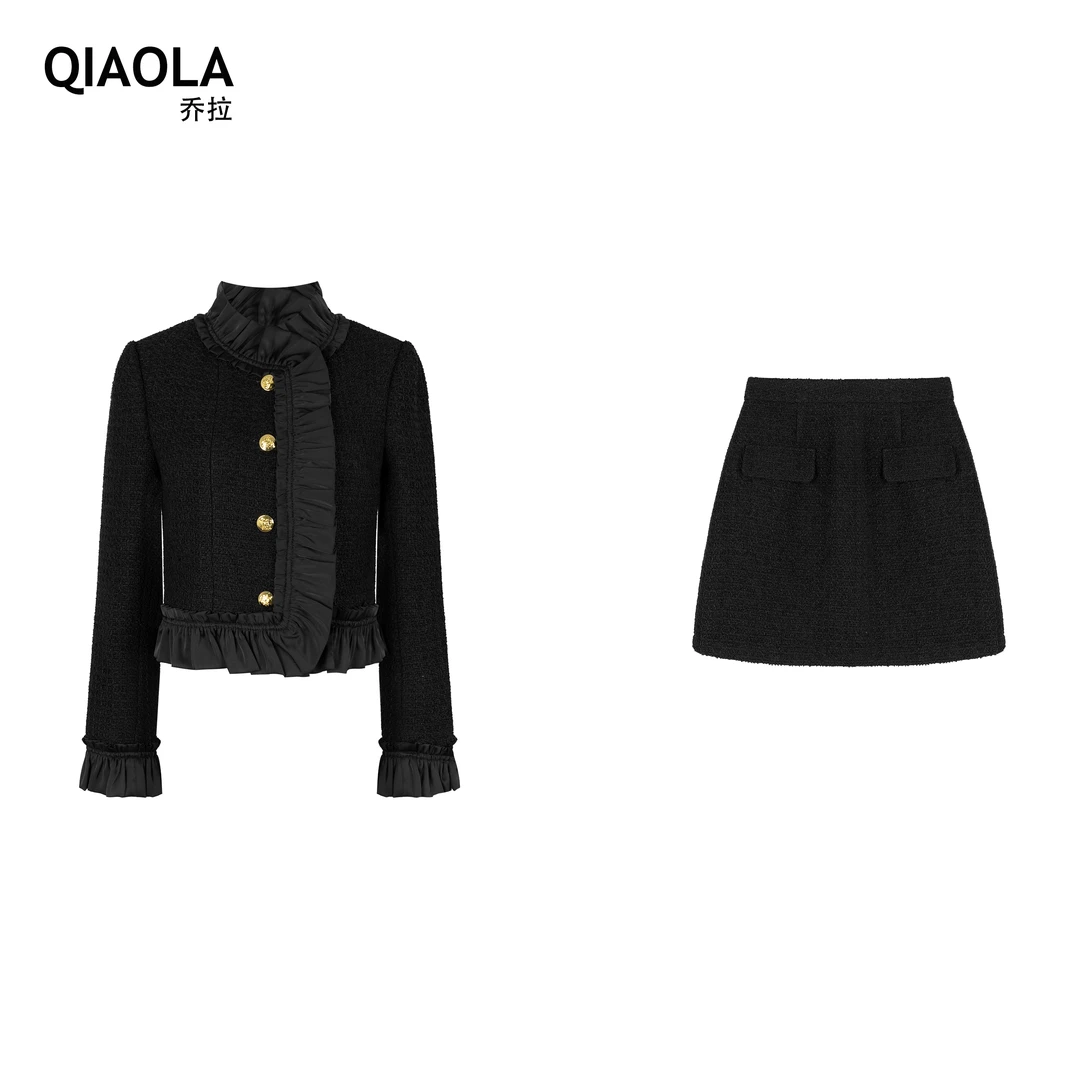 QIAOLA/乔拉【奥斯汀】秋冬季小香风粗花呢荷叶边立领时尚套装预售