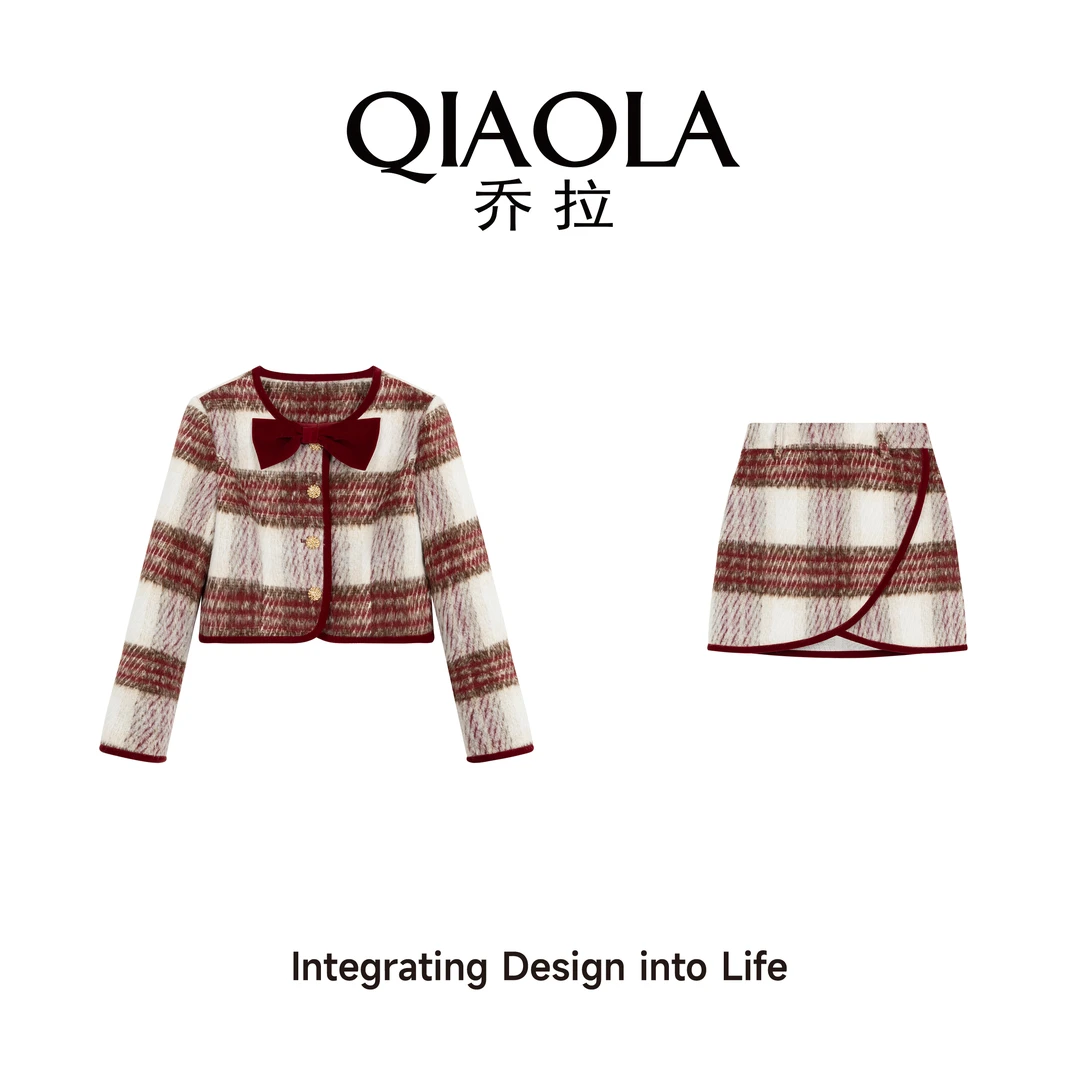 QIAOLA/乔拉【桃红往事】秋冬季毛呢格纹圆领轻奢减龄时尚套装预售