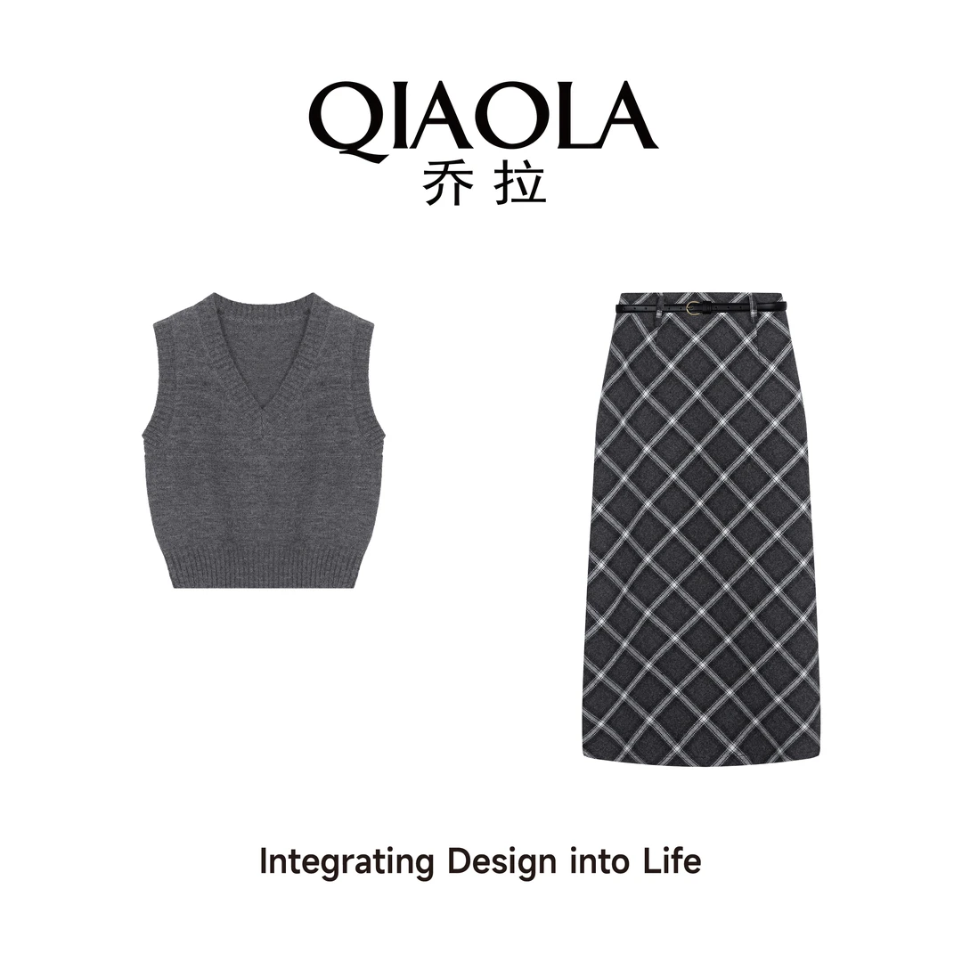 QIAOLA/乔拉【长岛假期】秋冬季毛织V领格纹慵懒百搭时尚套装预售