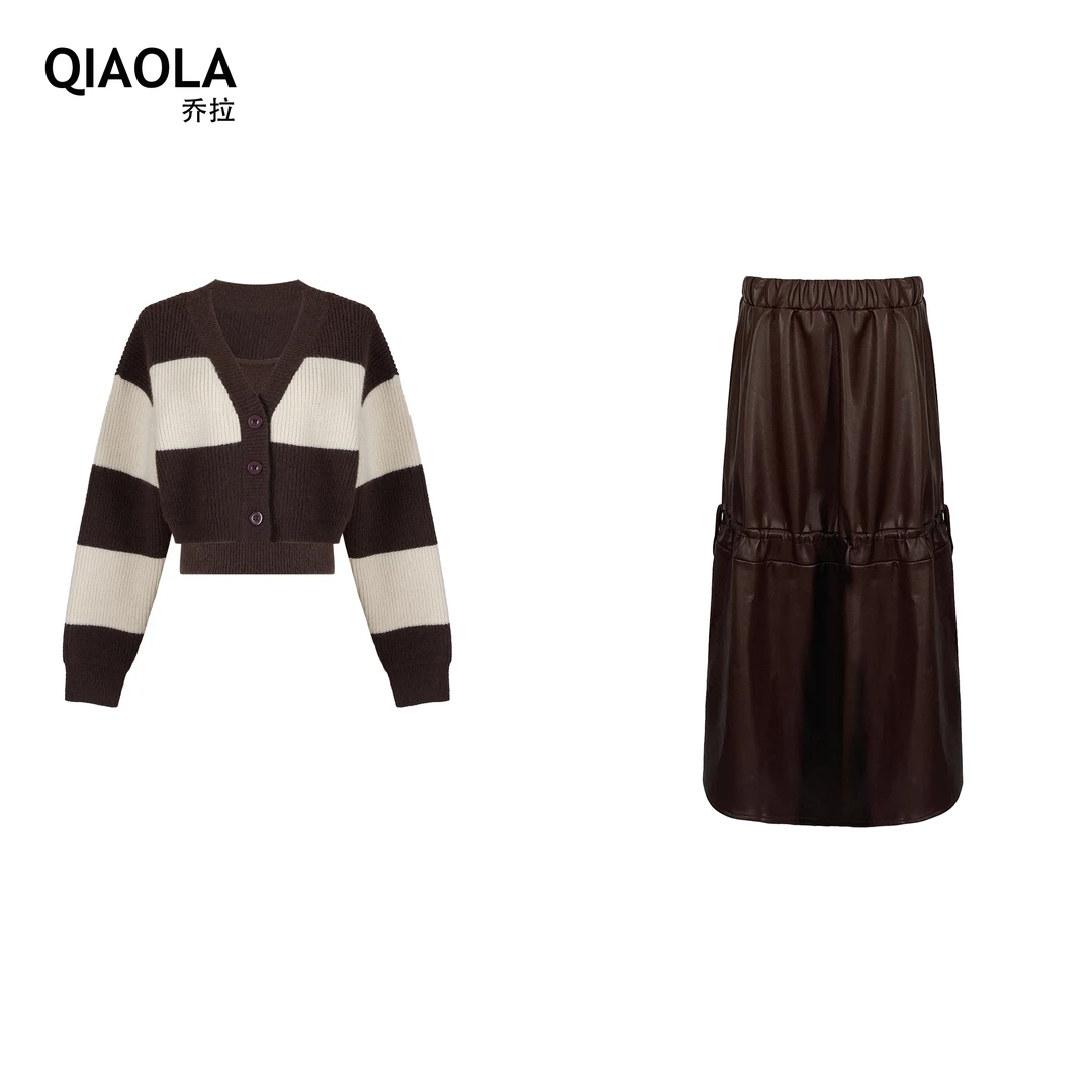 QIAOLA/乔拉【枫糖栗子】秋冬款坑条毛织拼色单排扣减龄时尚套装