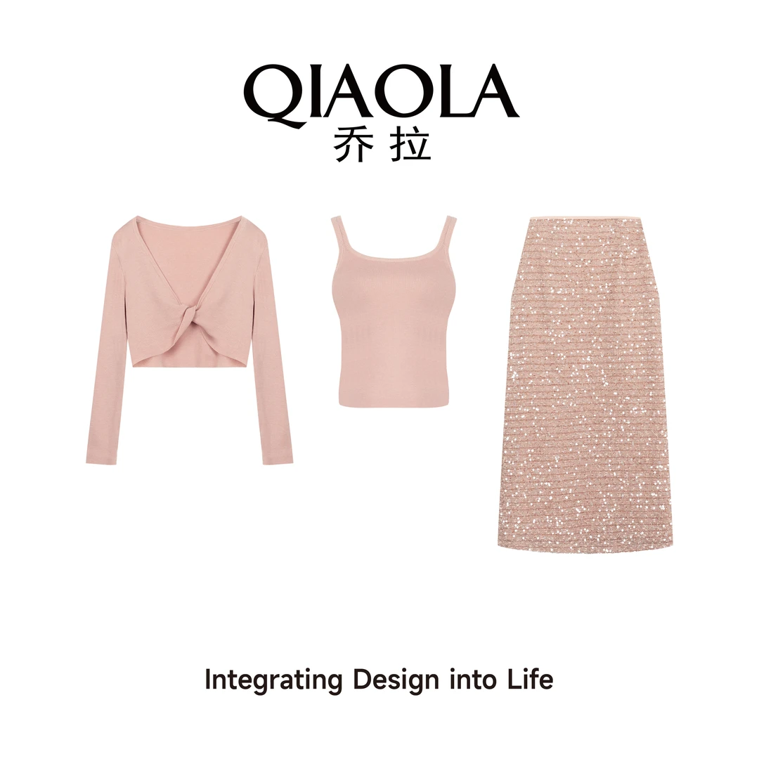 QIAOLA/乔拉【粉露佳人】秋冬季毛织扭结梭织亮片轻奢时尚套装预售