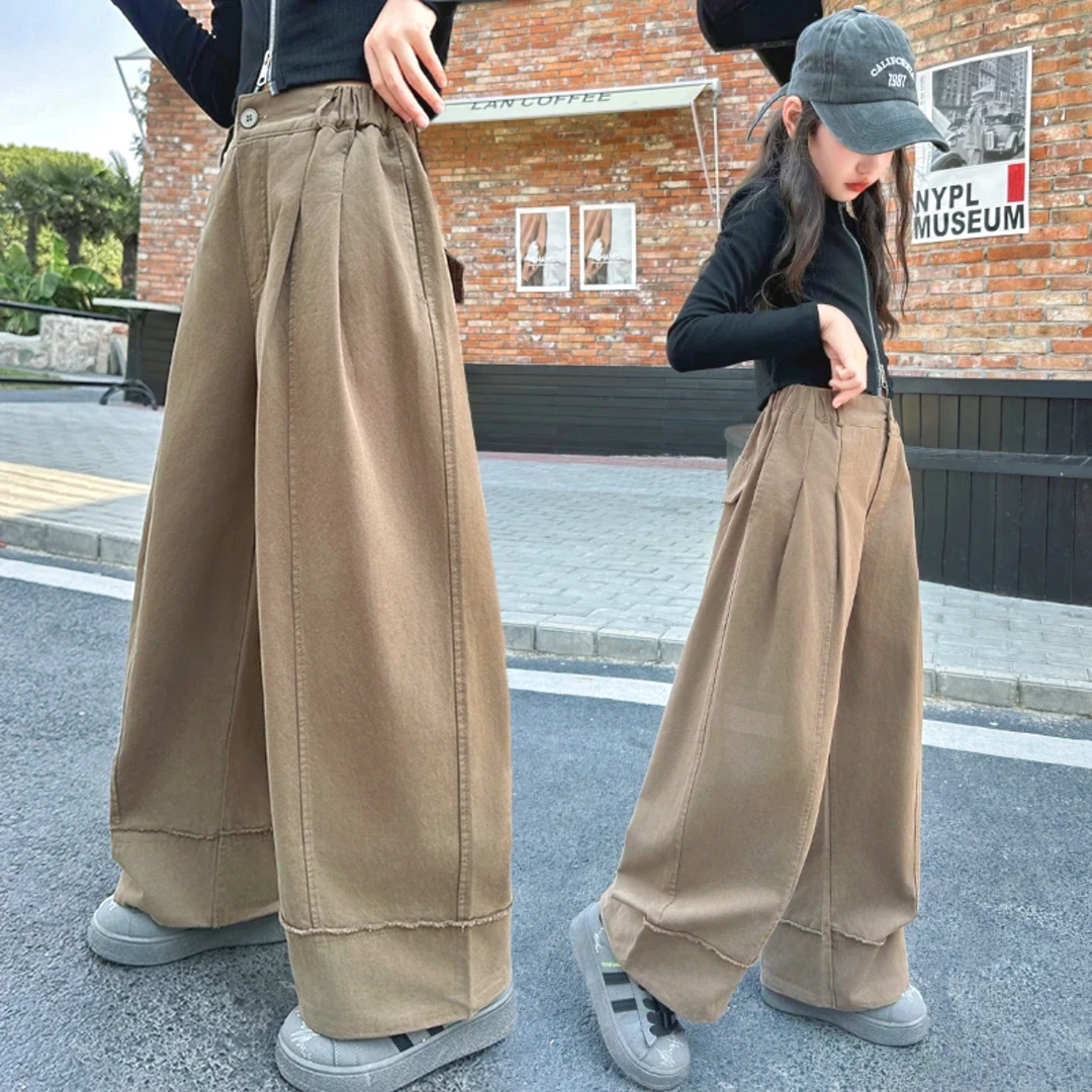 女童秋装潮流高腰裤子2024新款女孩大童韩系春秋阔腿裤直筒休闲裤