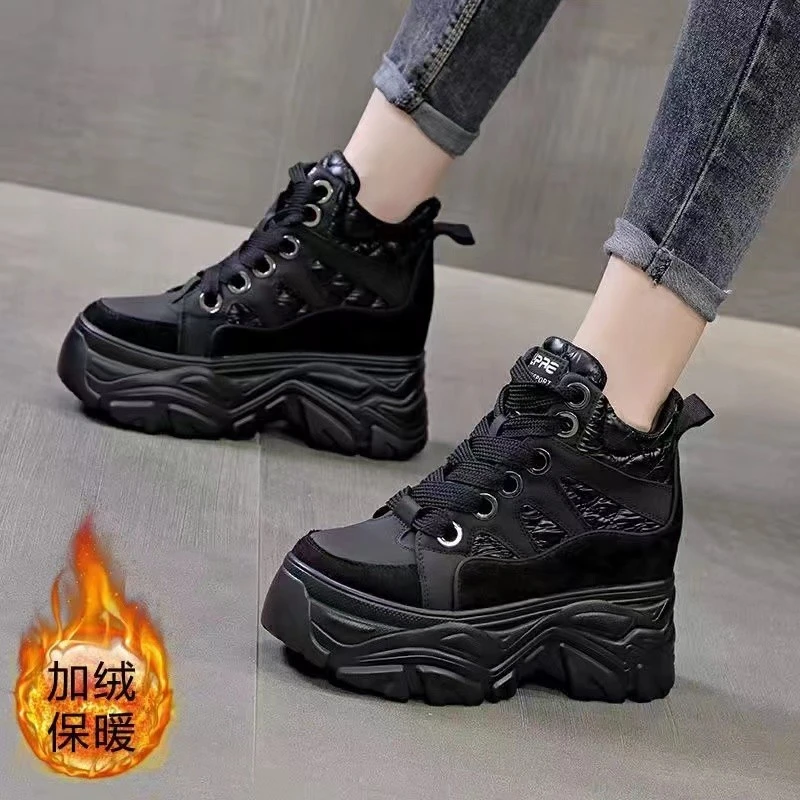 黑色高帮鞋女内增高8cm厚底加绒短靴2023新款秋冬爆款休闲运动鞋