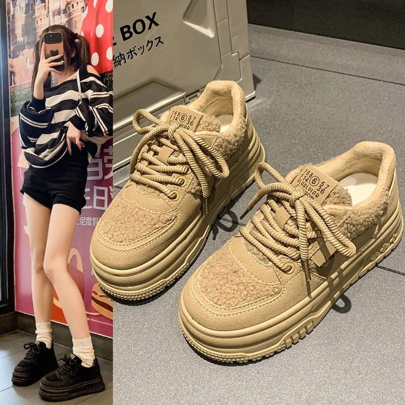 休闲鞋女2023冬季加绒加厚毛毛鞋网红系带百搭韩版棉鞋厚底增高鞋