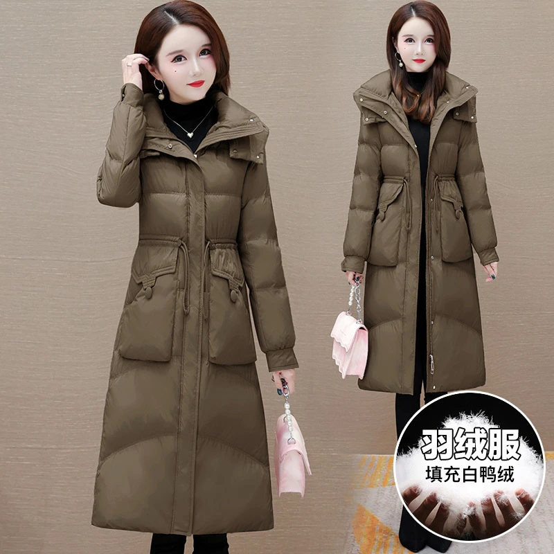 中长款时尚连帽羽绒服女2023冬季新款妈妈宽松加厚保暖白鸭绒外套