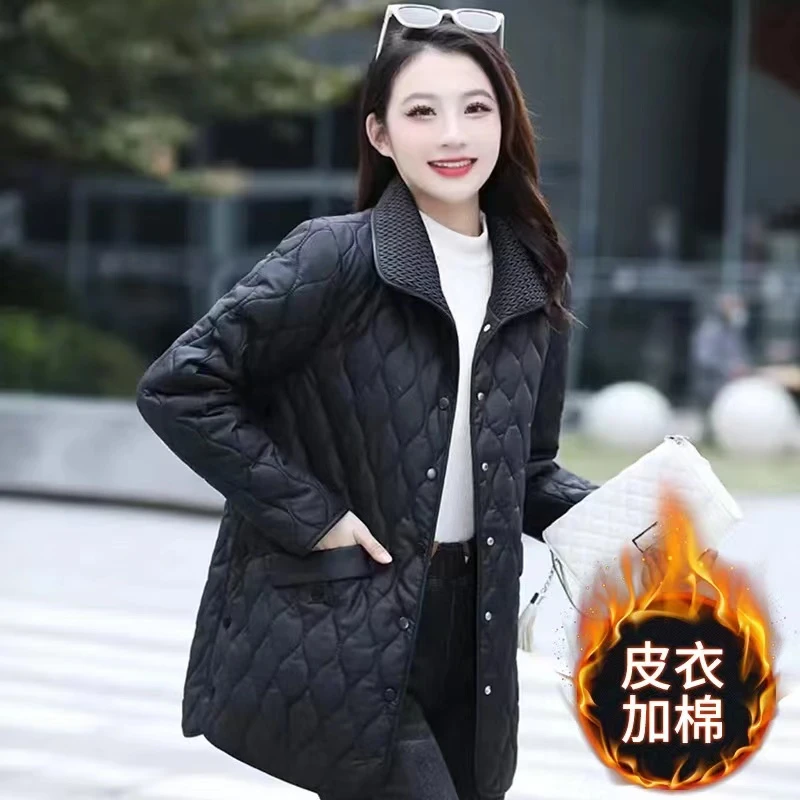 2023年冬季棉服中长款菱形格棉衣宽松显瘦时尚大码妈妈装保暖外套