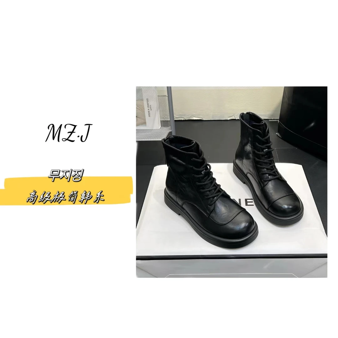 MZ•J−【都喜欢】秋冬英伦风系带圆头机车短靴-3712漠漠水田飞白鹭