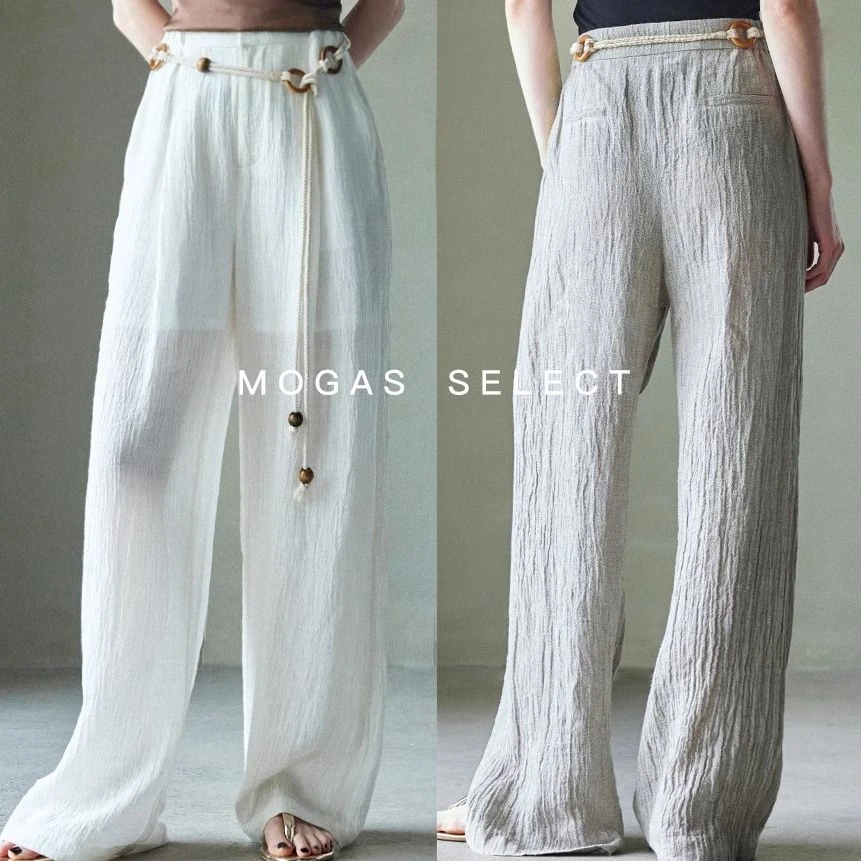 Mogas【粉丝回馈】时髦老钱风亚麻裤子橡筋腰垂感阔腿休闲裤321609