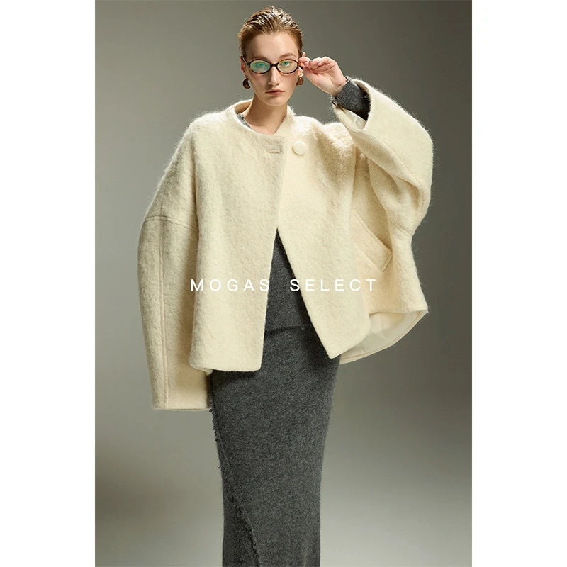 Mogas篙奢马海羊驼毛混纺慵懒圈圈纱ROW风蝙蝠袖毛呢大衣310604