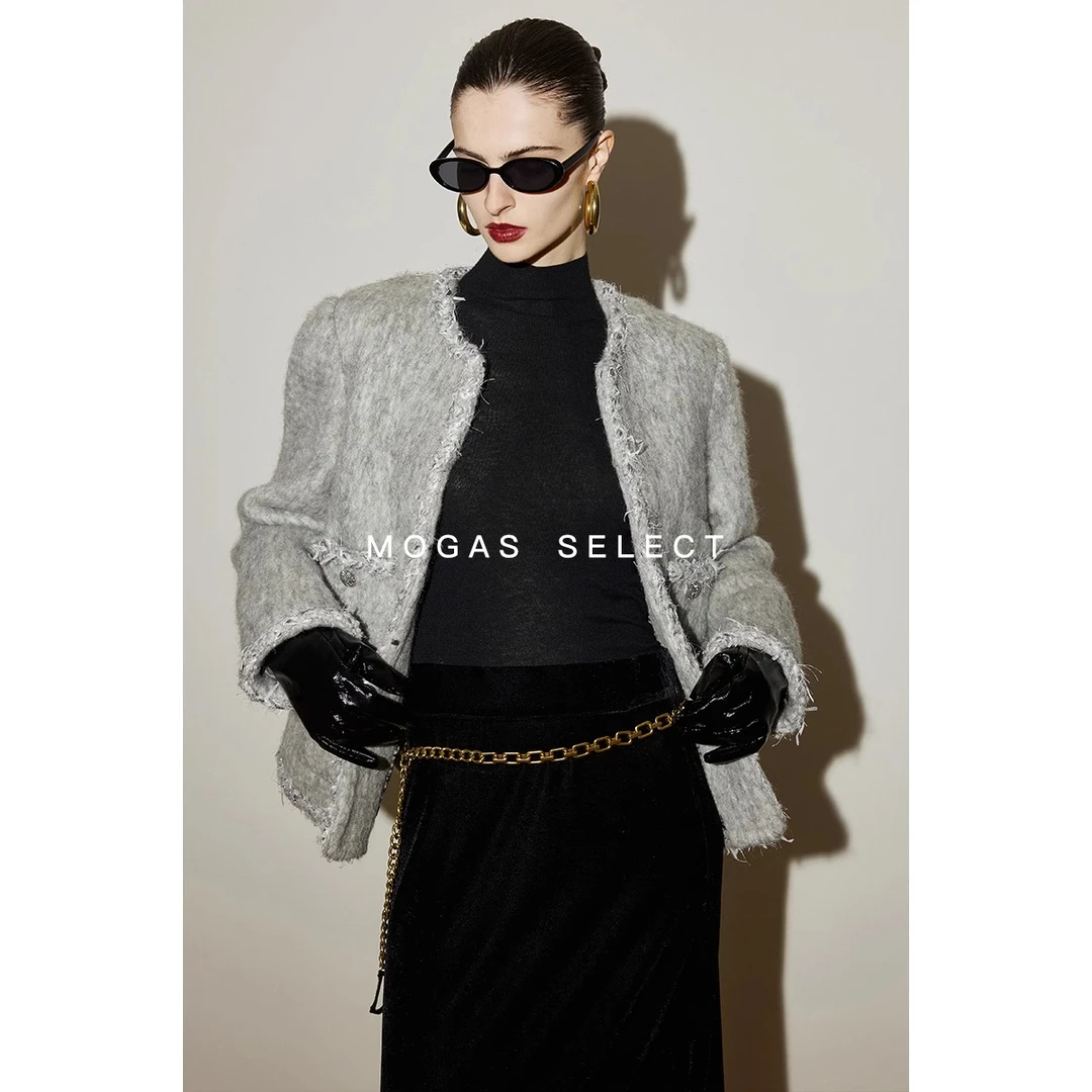 Mogas奢华绵羊毛编织羽毛流苏花边经典复古香奶奶风短外套338101