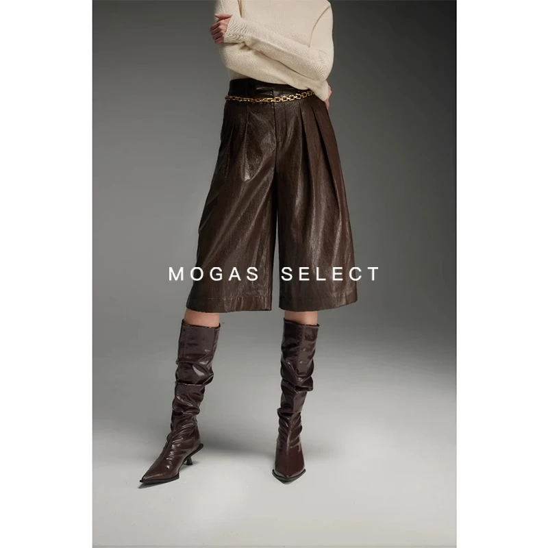 Mogas时髦炸街单品 水洗感环葆皮革立体双褶复古百慕大皮398602