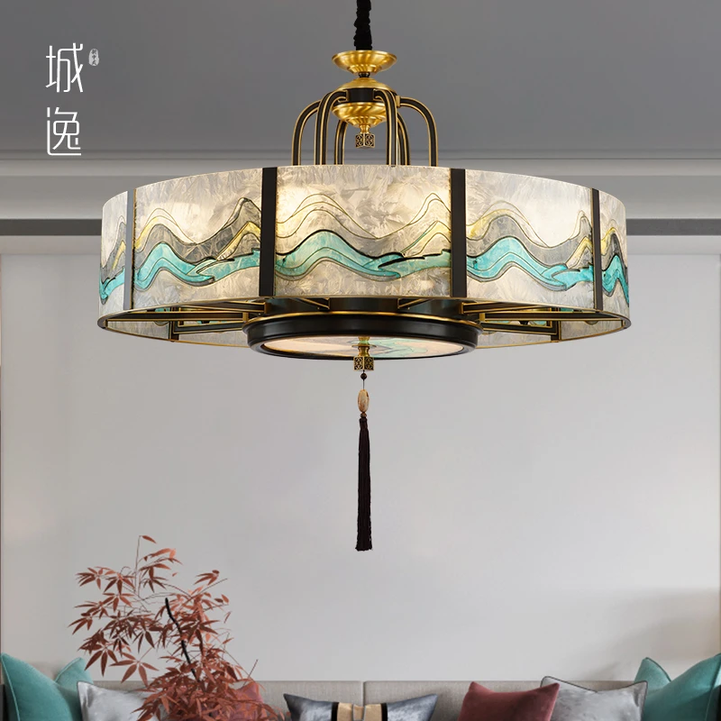 新中式吊灯客厅餐厅全铜珐琅彩玻璃禅意仿古大气复式楼大灯具