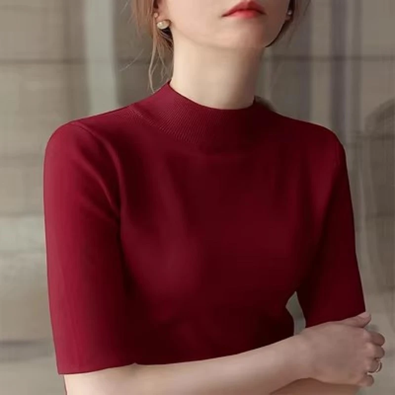 春秋冬2024新款大码酒红色半高领五分袖内搭毛衣女修身针织打底衫