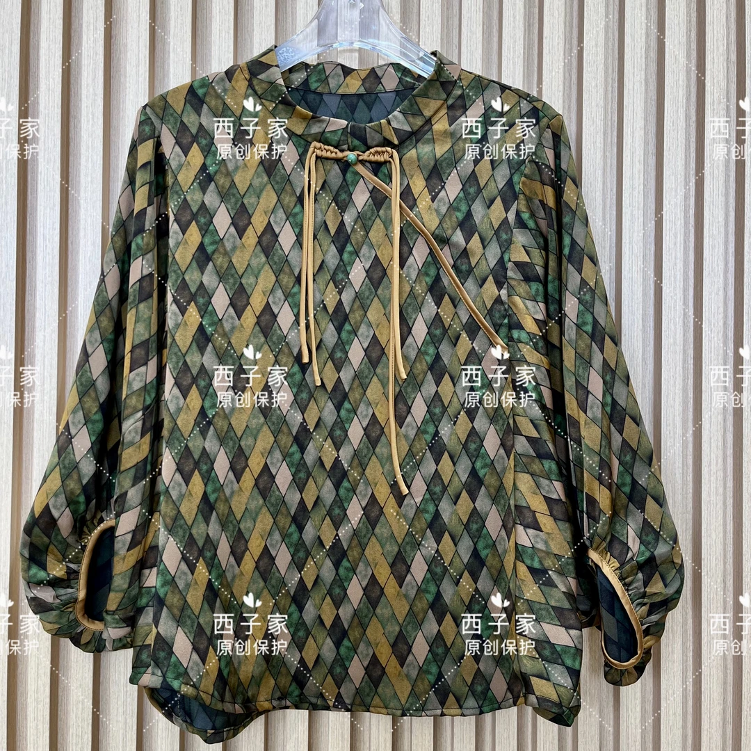 西子家 绿格子马蹄蝙蝠袖国风盘扣中袖小衫1147