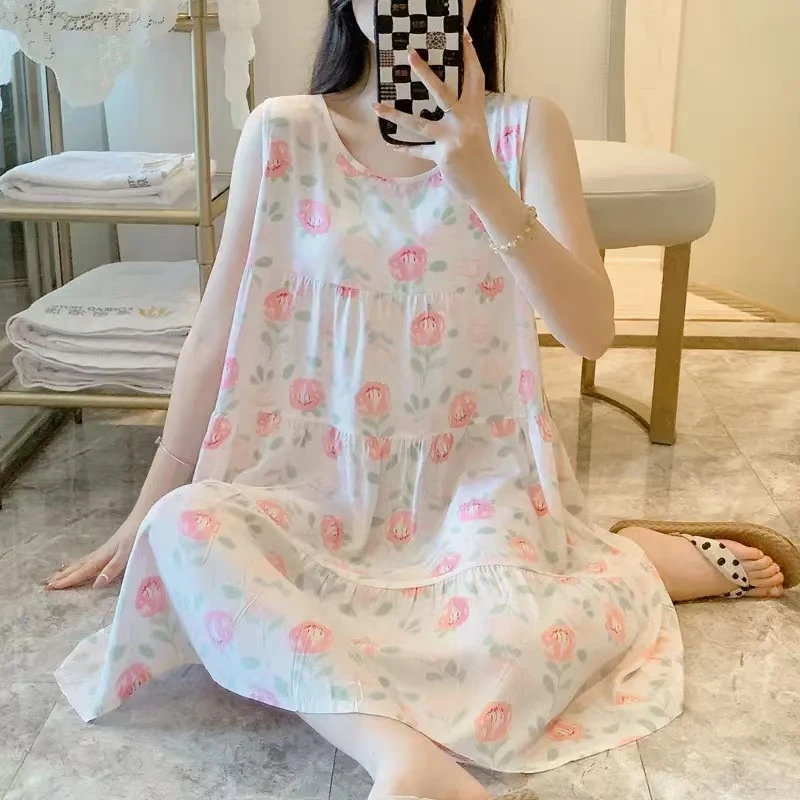 【无袖连衣裙】韩版棉绸睡裙女士加大睡衣夏季人造棉舒适花纹居家服
