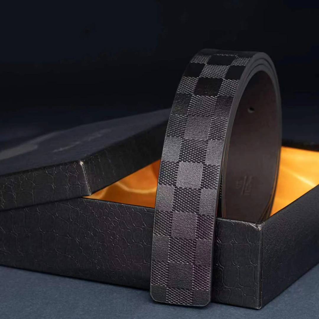 3.8真牛皮潮流经典时尚百搭经典爆款男士腰带黑色格纹真皮通用
