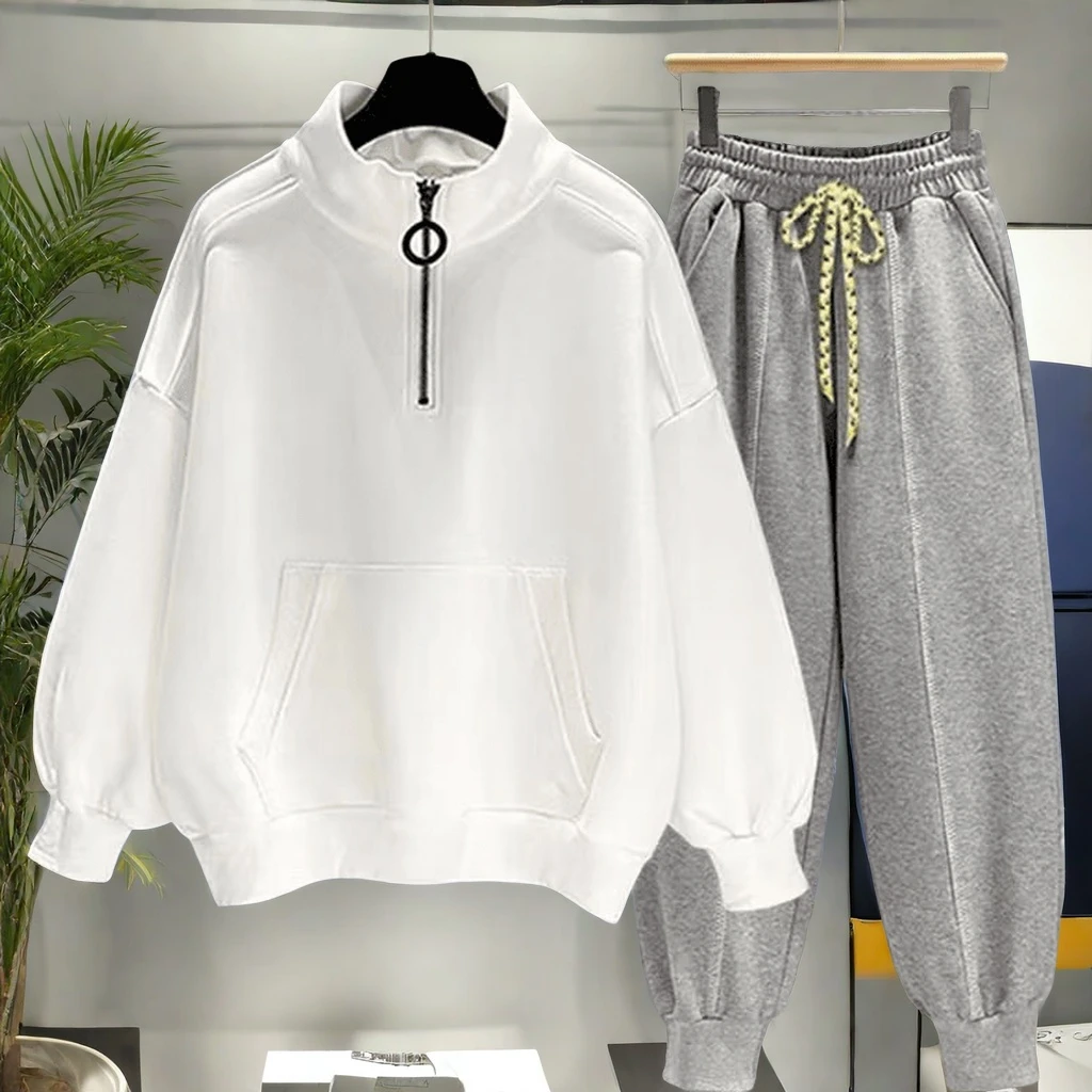 拉链半高领卫衣套装百搭长袖男休闲港风日系潮牌纯色外套潮流春秋