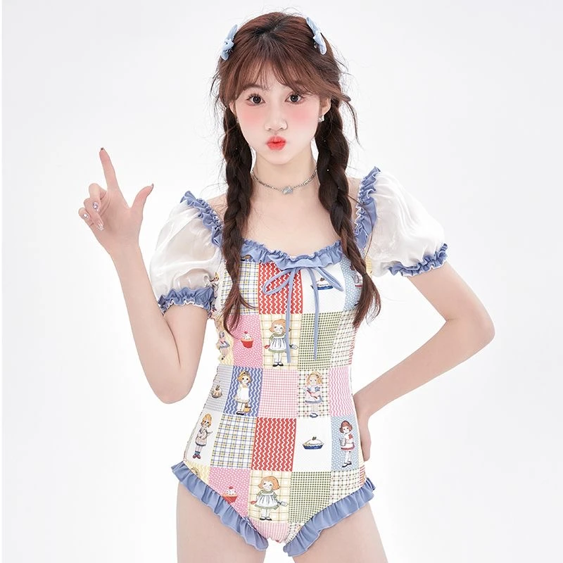原创日系泳衣女印花少女可爱学生泡泡袖显瘦遮肚泡温泉连体泳装
