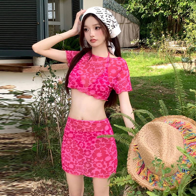 比基尼四件套性感小胸聚拢粉红少女孩三角分体纯欲风透明沙滩裙
