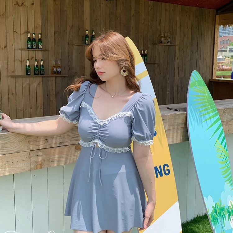 舒晴微胖girl泳衣 公主风珍珠泡泡袖连体遮肚显瘦大码泳装女 温泉