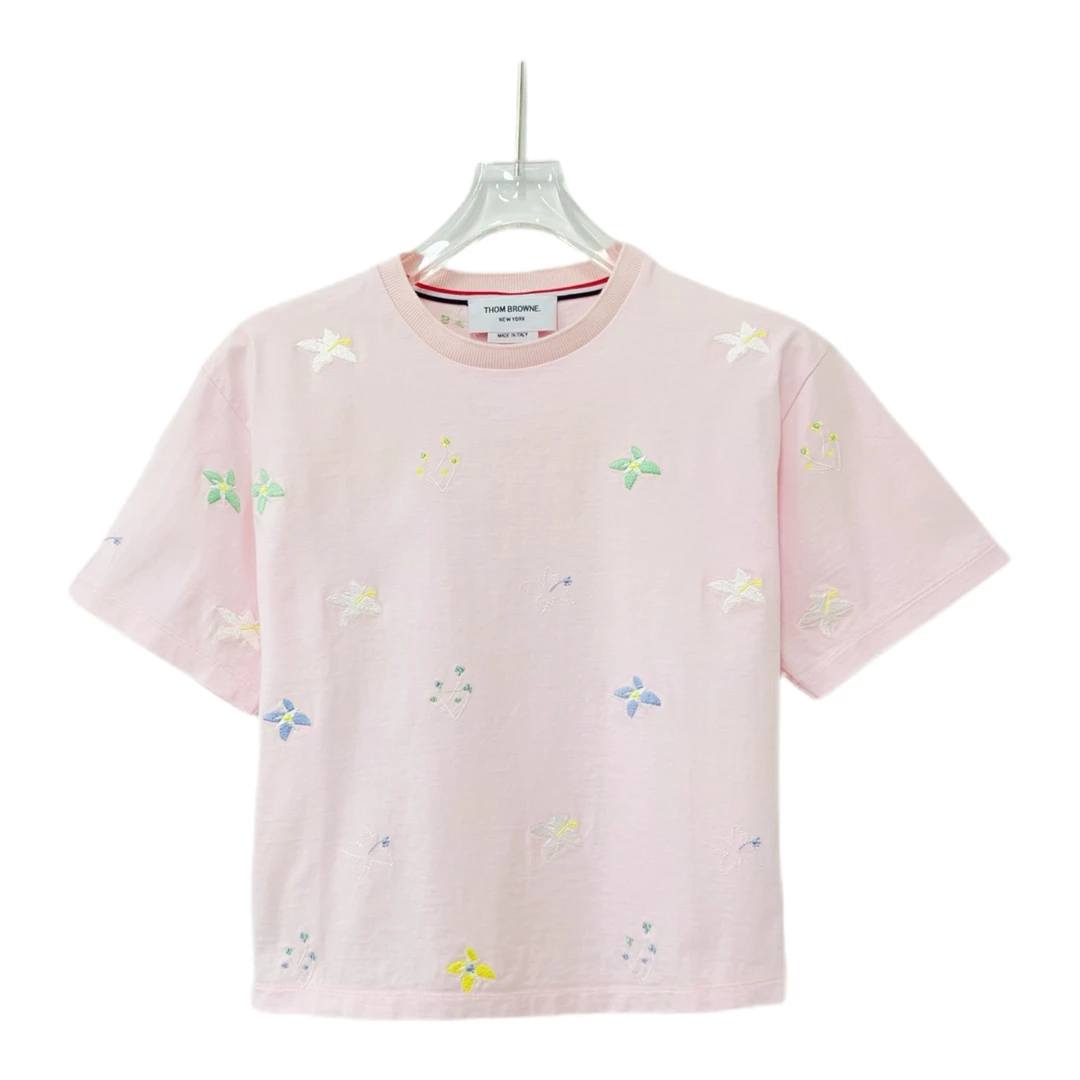 99新 THOMBROWNE 00690 Thom browne 粉色刺绣短款短袖 36码