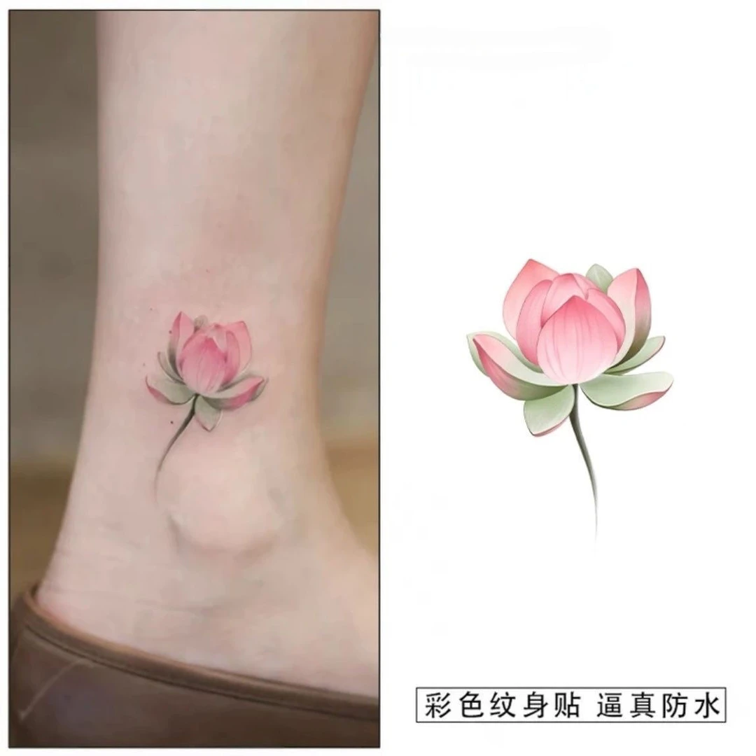 可洗高颜值国风唯美荷花纹身贴女脚踝防水纯欲风逼真持久花朵纹身