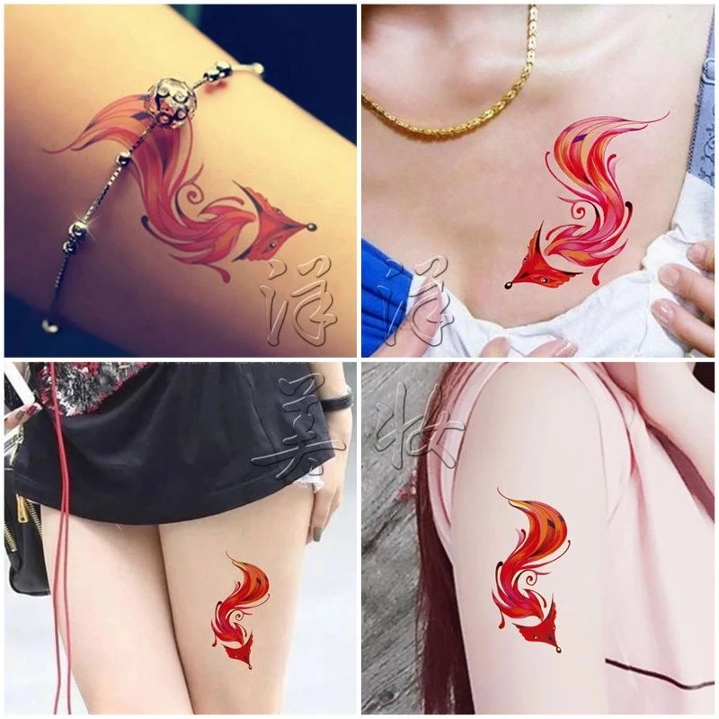 纹身贴女防水持久仿真黑红狐狸红嘴唇口红唇印荷花红莲花彼岸花