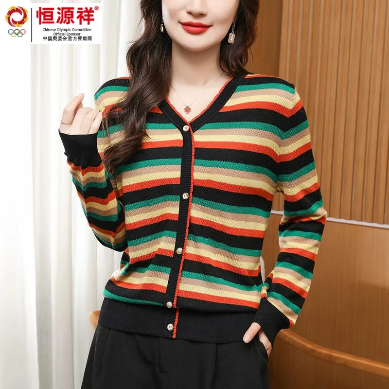 恒源祥彩羊春秋款V领针织打底衫女大码胖mm显瘦上衣202