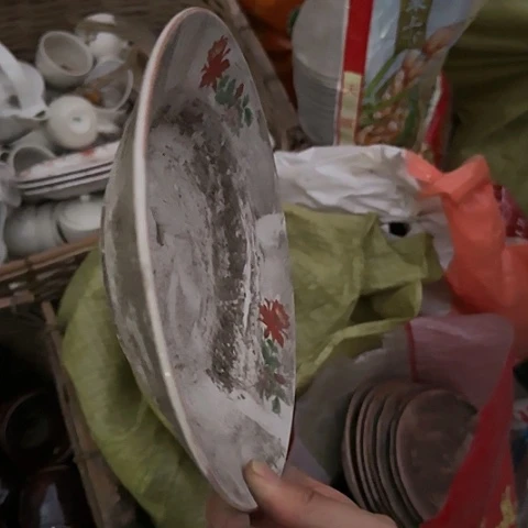 瓷片红花粗瓷八寸深盘一对