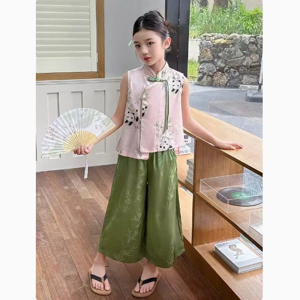 儿童夏季汉服套装新中式国风2024新款女童改良旗袍上衣裤子两件套