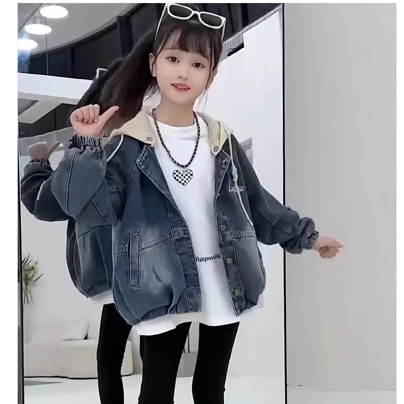 儿童牛仔男童女童时髦牛仔外套连帽2024秋冬装韩版中大童休闲上衣