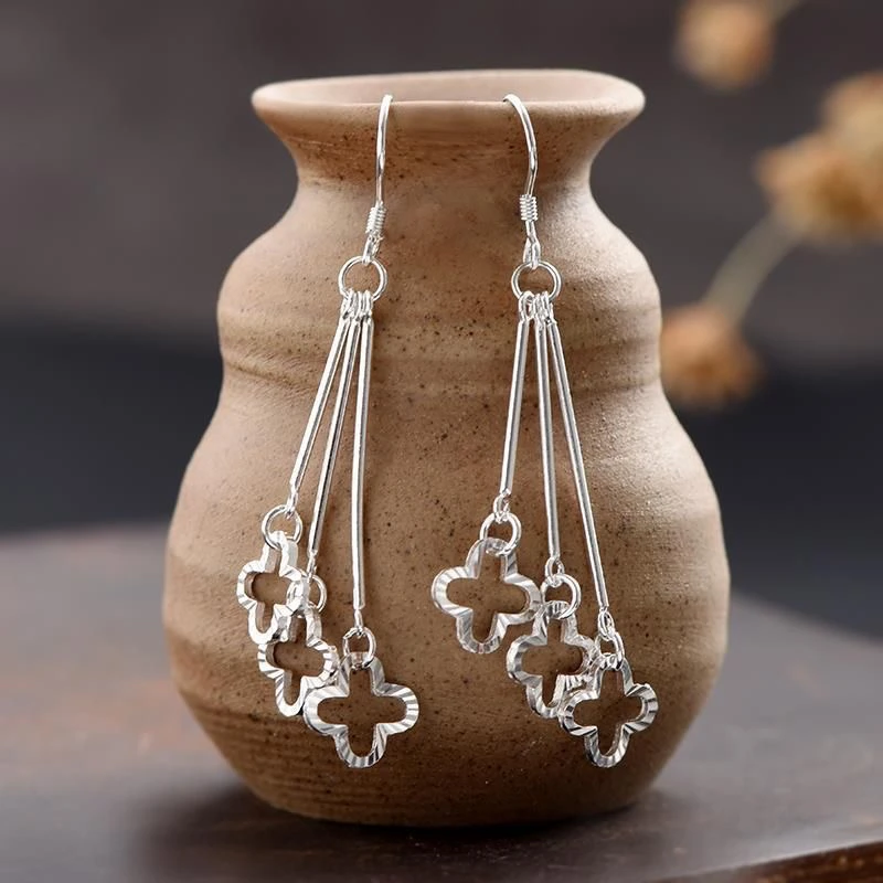 足银耳饰 纯银耳环女欧美时尚999中款流苏幸运草耳坠韩国个性百搭