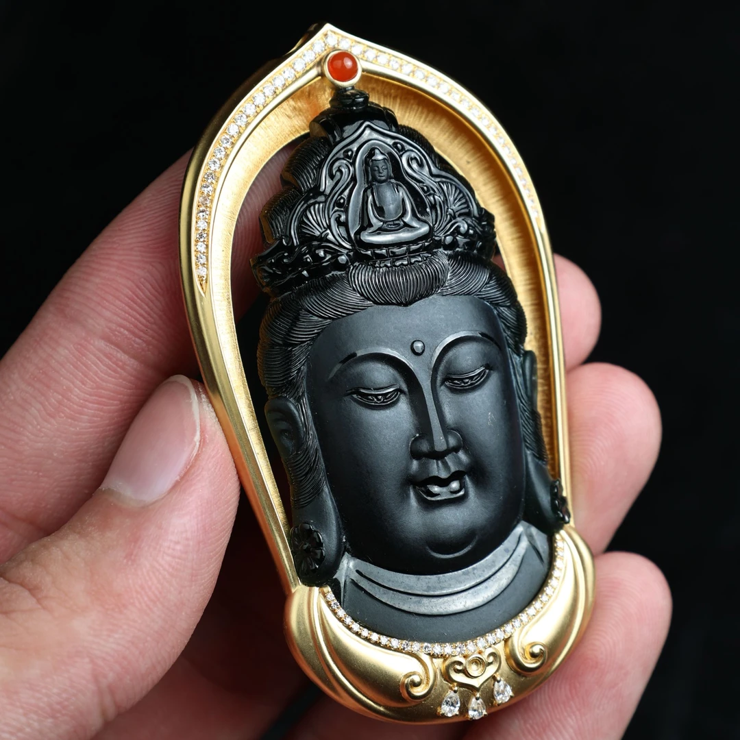 少博珠宝|缅甸天然A货翡翠墨翠镶嵌观音首男女同款精雕时尚守护神