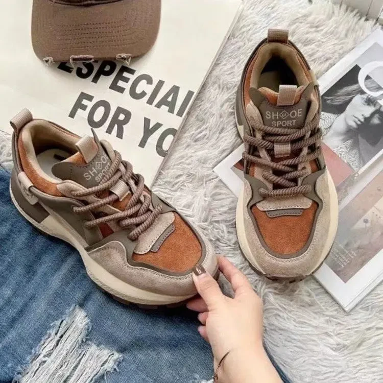 美拉德韩版小蛮腰秋冬季新款拼色厚底厚百搭低帮运动阿甘鞋女鞋