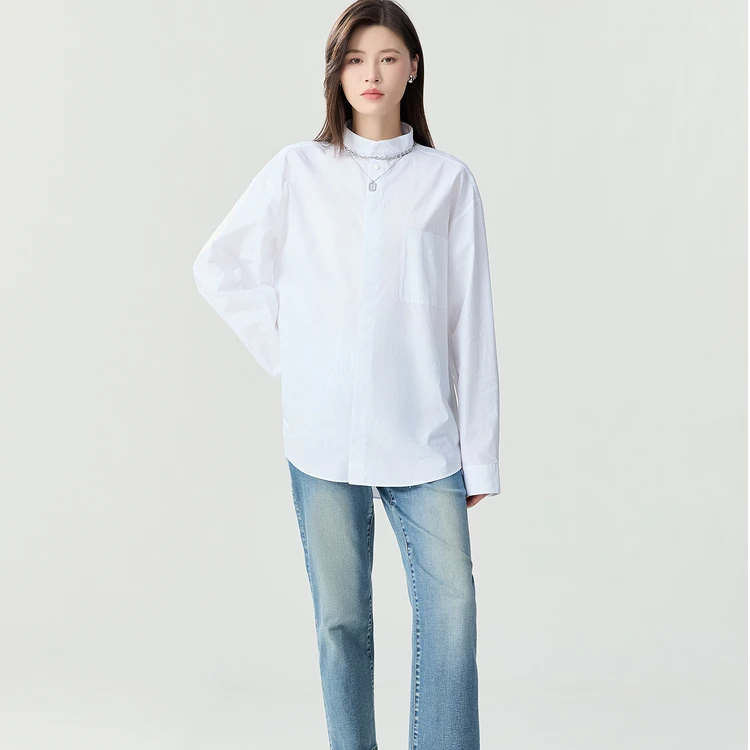哥弟 共享衣橱系列宽松立领衬衣长袖时尚女士纯色1301055白衬衫