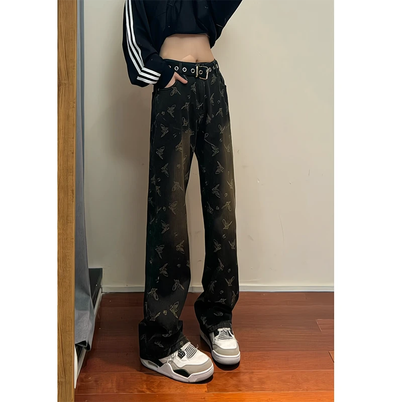 黑色满印碎花牛仔裤男款秋冬美式痞帅高级感裤子显腿长显瘦微喇裤