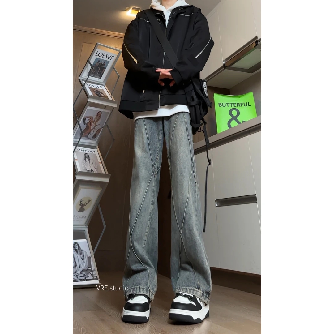 美式高街复古拼接微喇牛仔裤男宽松显瘦百搭休闲ins潮牌秋冬款男