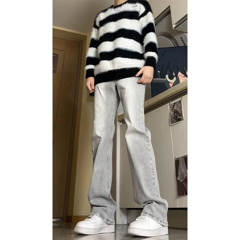 烟灰水泥色加绒牛仔裤男款秋冬季美式高街裤子潮牌弹力渐变微喇裤