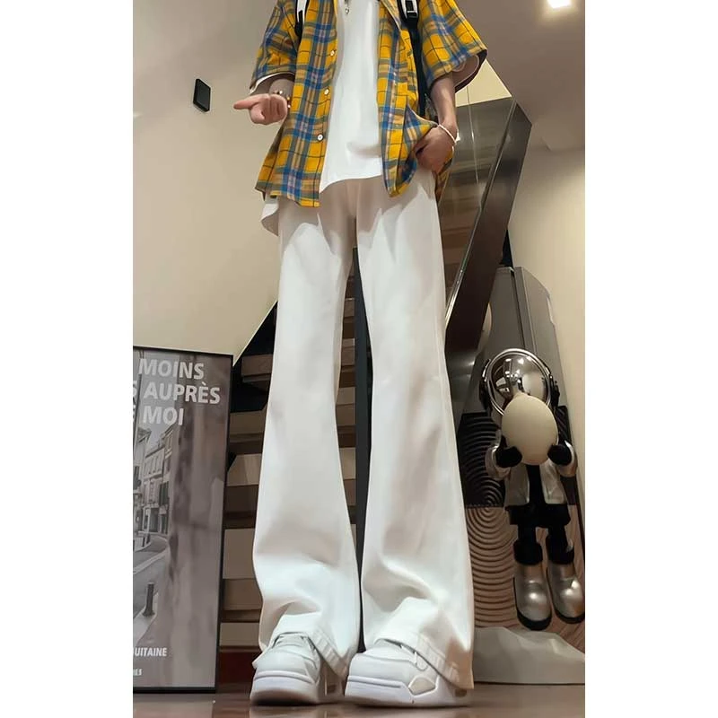 美式cleanfit白色微喇牛仔裤男夏季高街显瘦百搭潮牌痞帅直筒长裤