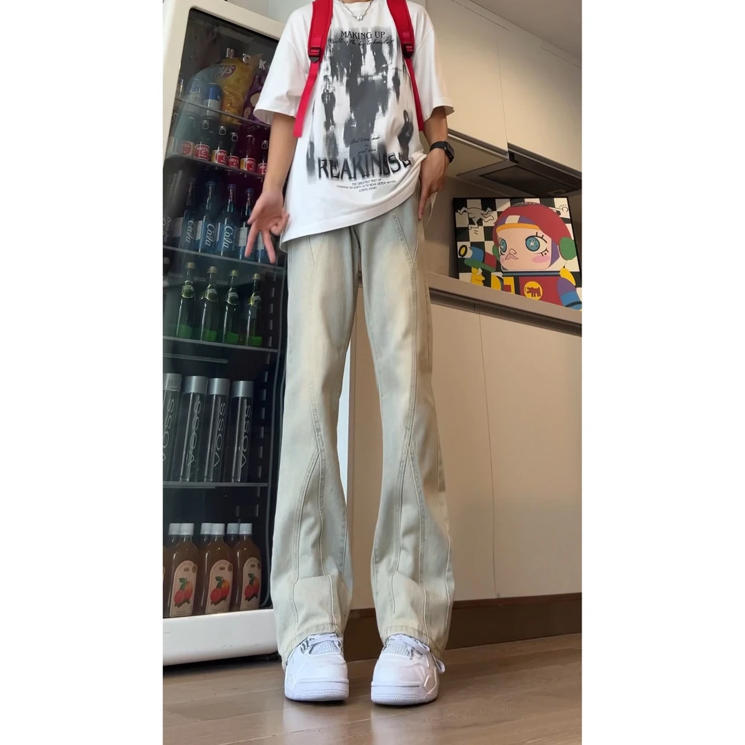 美式重磅水洗牛仔裤男女黄泥染直筒裤潮牌休闲长裤子微喇夏季泥色