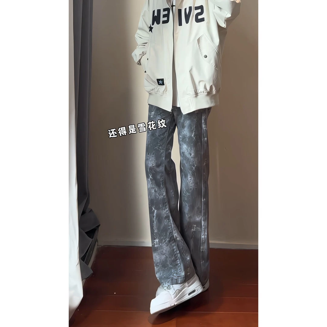 2024秋季爆款潮流雪花纹牛仔裤男女同款宽松直筒垂顺高级感牛仔裤