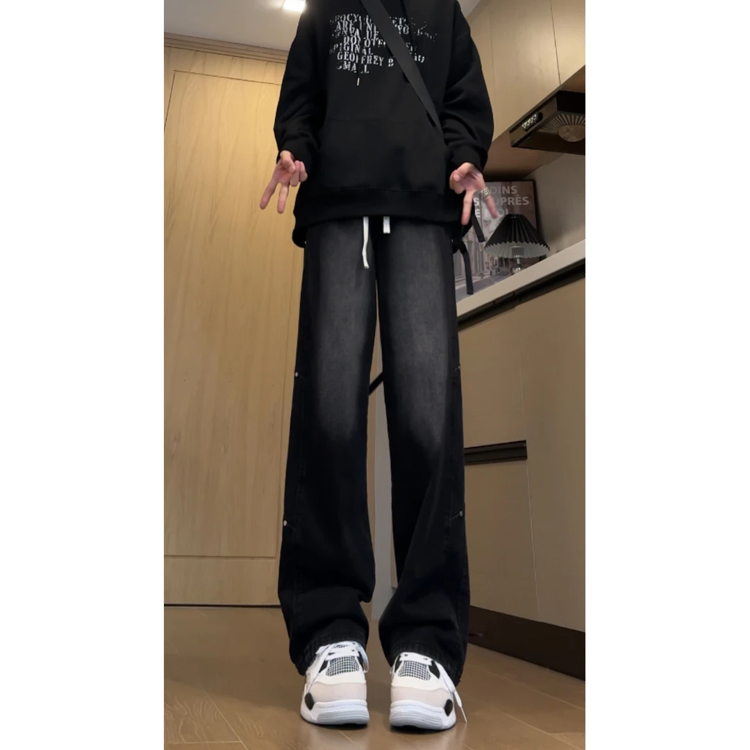 黑色渐变牛仔裤男款秋季美式复古抽绳潮牌裤子高街vibe直筒微喇裤