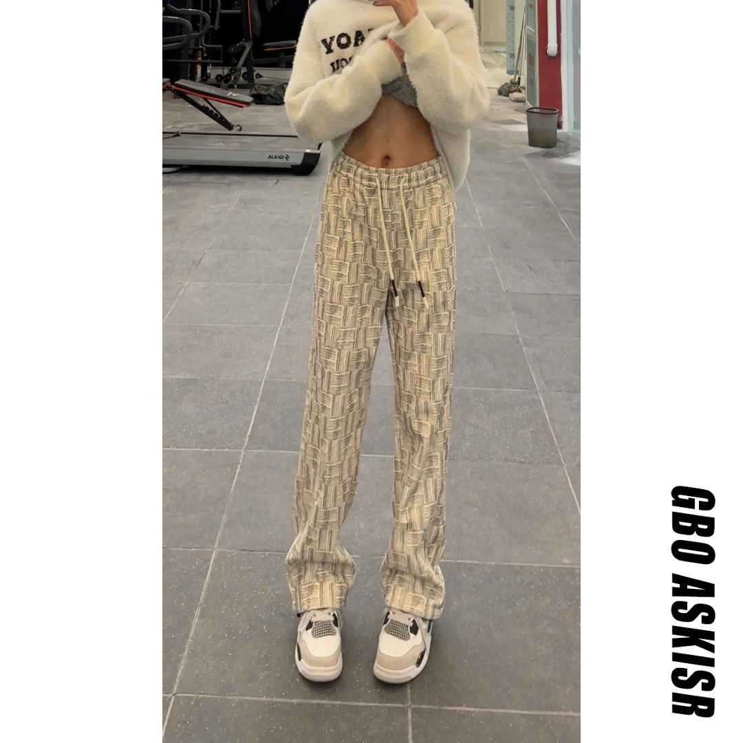 格纹灯芯绒裤子男秋冬季加绒加厚美式重磅休闲长裤宽松直筒阔腿裤