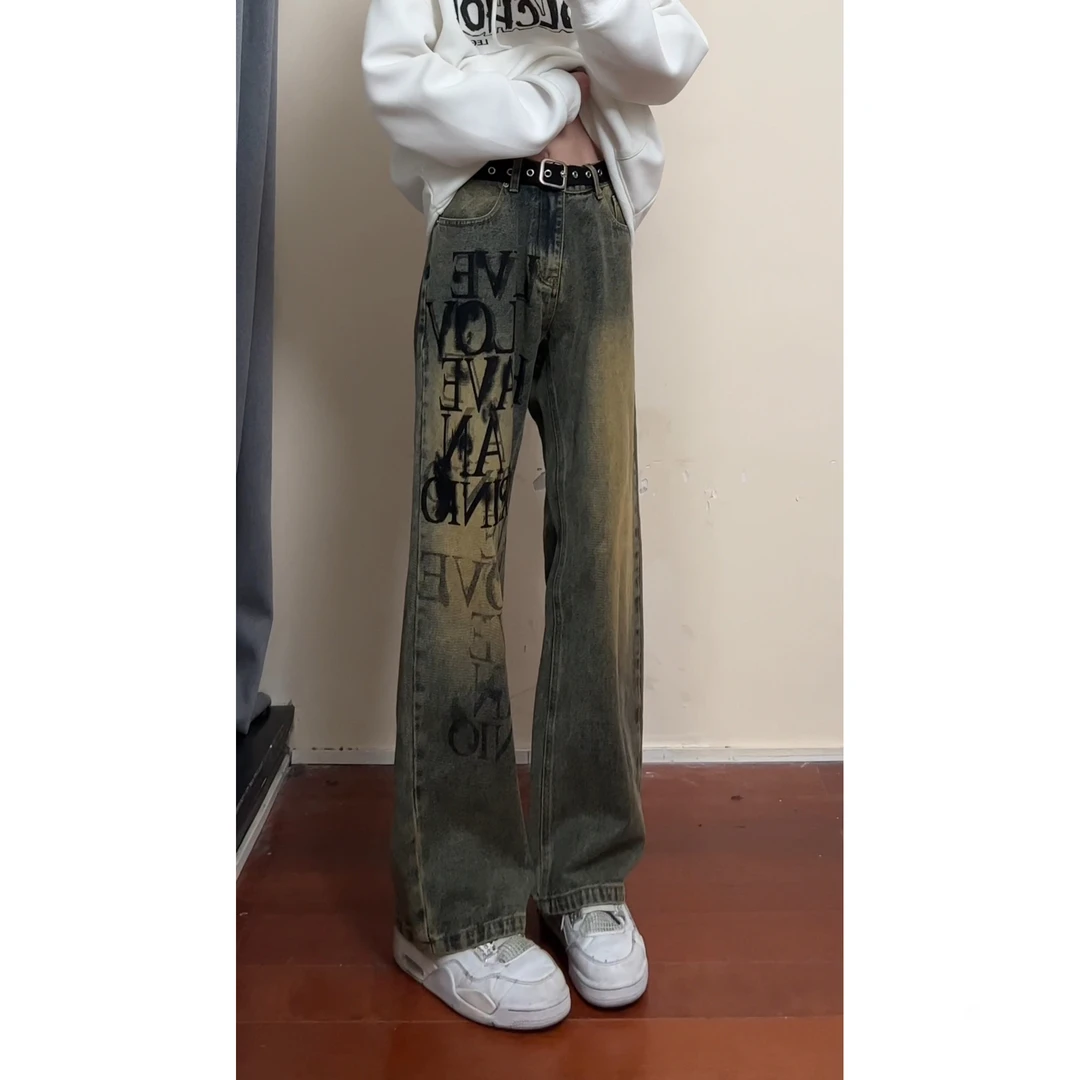 美式复古渐变色牛仔裤男字母印花裤子加长款高个子高街vibe直筒裤