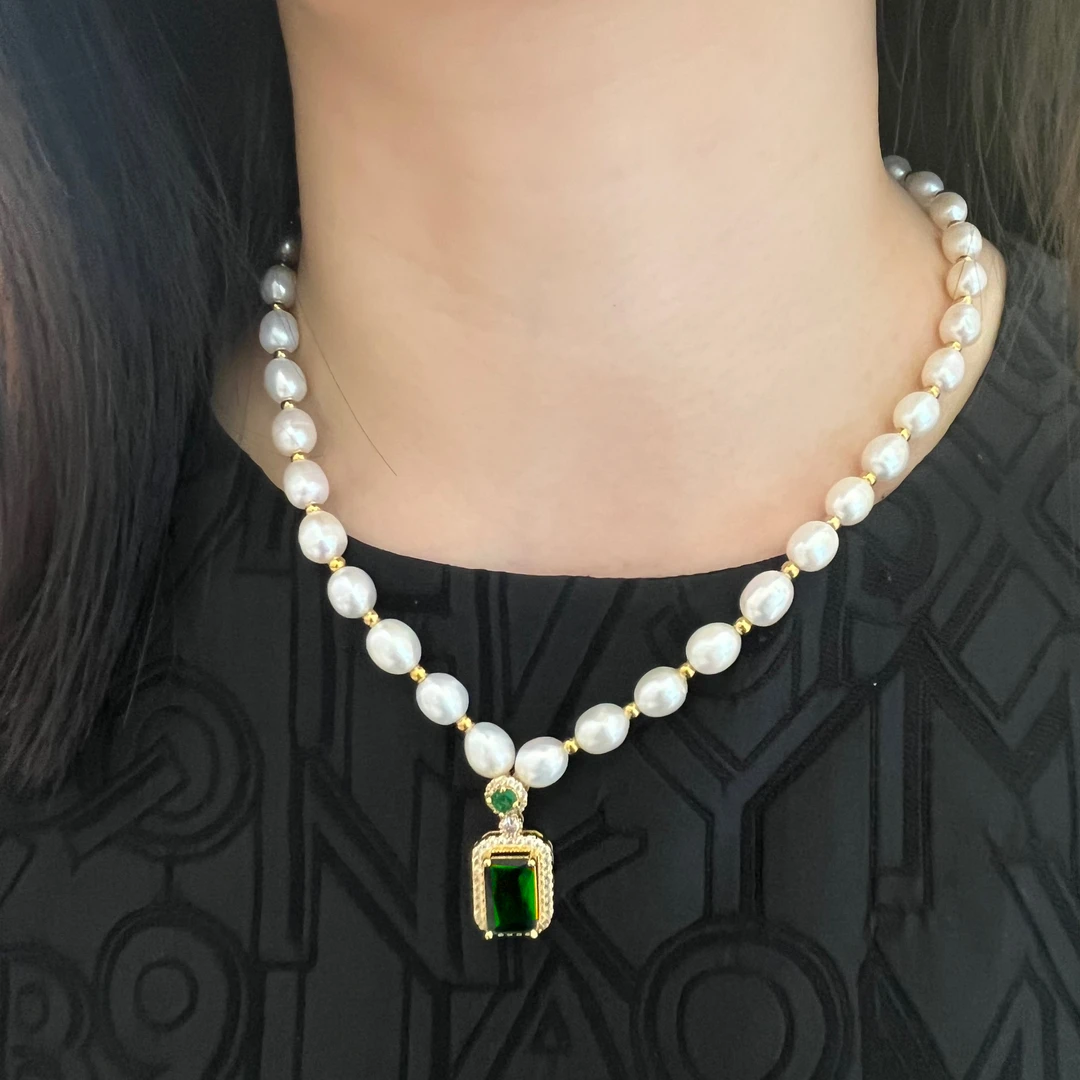 天然珍珠项链    绿色吊坠 卡6-7MM