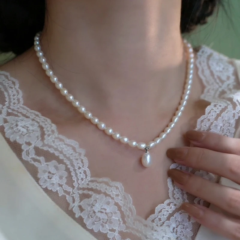天然淡水珍珠925银白色米珠项链 锁骨链 法式小众温柔优雅气质