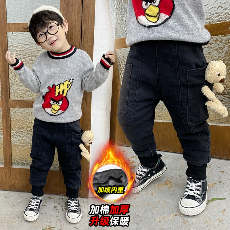 男童秋冬加棉加厚牛仔裤一件过冬中小童潮酷男孩90-120码口袋小熊