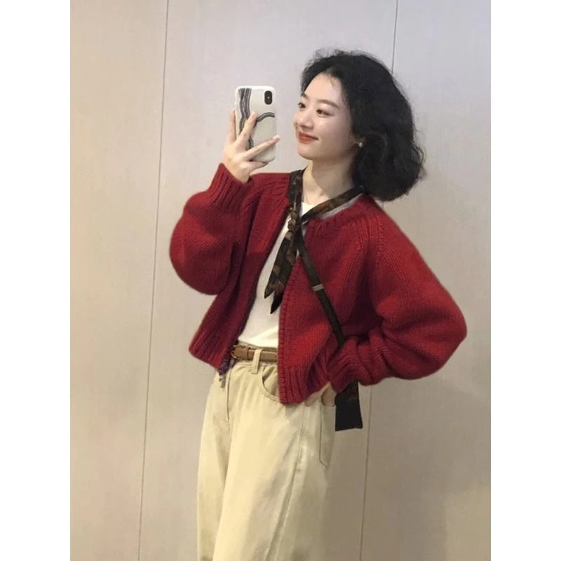 法式复古粗棒针毛衣外套女秋冬慵懒高级感上衣橘色拉链针织开衫短