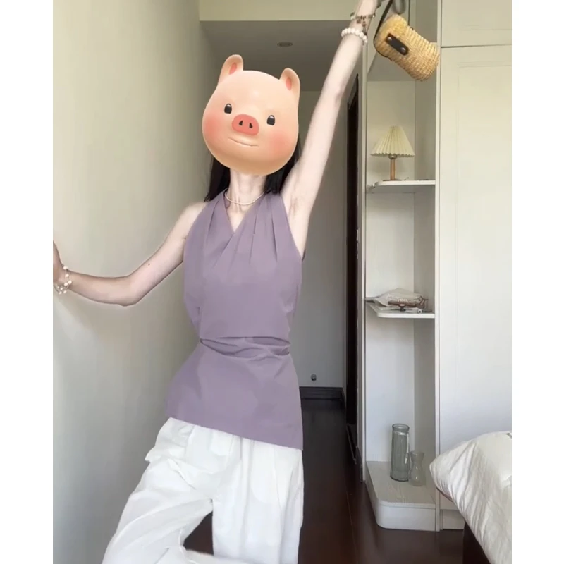 法式精致百搭V领系带衬衫女气质简约高级感收腰显瘦无袖背心上衣